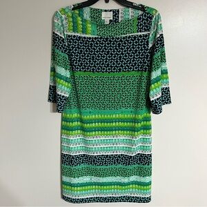 Donna Morgan Mini Shift Dress 12 Green Geometric‎ Boat Neck Short Sleeve Stretch